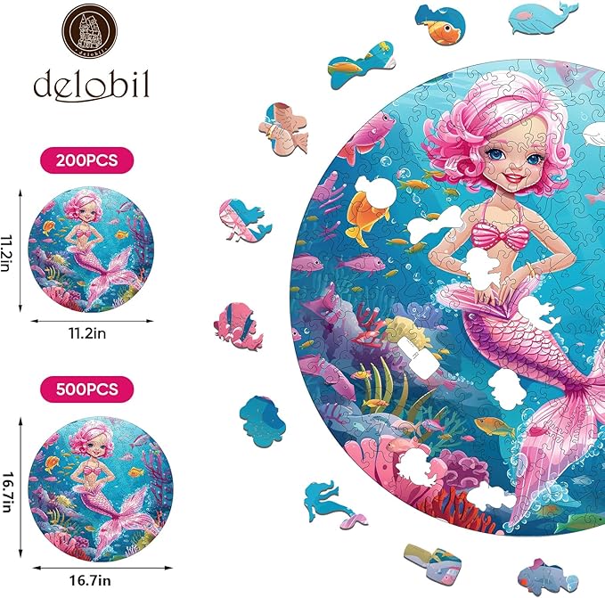 Wooden Puzzles for Adults, Mermaid Jigsaw Puzzles 200 Pieces, Unique Shape Puzzles with Wooden Box, 11.2 x 11.2 Inches Medium Size Family Game Gift, Fun Challenging Puzzles for Adults and Kids