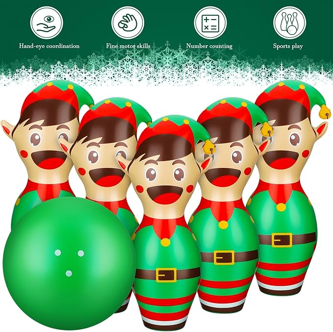 Wettarn 7 Pcs 27 in Giant Christmas Inflatable Bowling Set Elf Inflatable Games for Kids Adult Christmas Party Games Holiday Carnival Family Indoor Outdoor Garden Backyard Lawn Fun Xmas Decor
