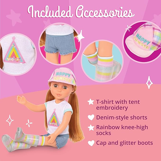 Glitter Girls – 14-Inch Doll Astrid – Poseable Arms & Legs – Light Red Hair & Hazel Eyes – Camping Outfit, Matching Cap, and Glitter Boots – 3 Years + – Astrid
