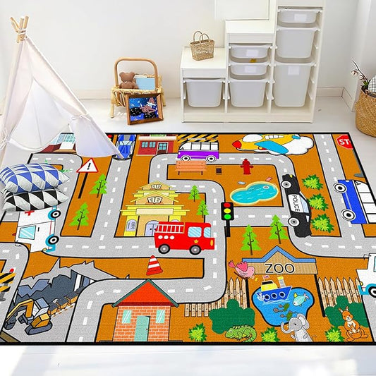 Car Rug Play Mat - Kids Play Rug for Playroom, Traffic City Life Road Rugs for Cars and Toys Car Mat Educational Game Carpet Toddler 2.5x4 Feet