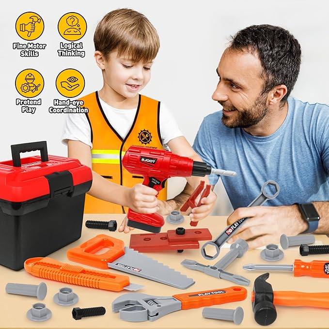 Kids Tool Set - 50Pcs Toddler Tool Set Age 3-5 Construction Toys with Tool Box & Electronic Toy Drill Pretend Play Dress Up Toddler Boys Toys 4-6 Birthday Gifts for 3 4 5 6 7 Year Old Boy Girl