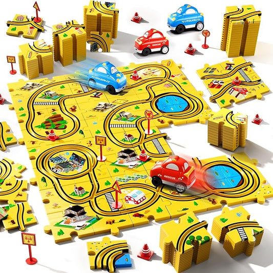 48 PCS Puzzle City Racer Car Track Set Toys for Kids Boys, Toys Gifts for 3 4 5 Year Old Boys, Puzzle Racer Kids Car Track Set Ages 3-5 4-6, Ideal 3 4 5 Year Old Boys Birthday Gifts