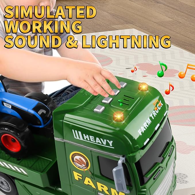 Dwi Dowellin Large Flatbed Semi Truck Toy for Kids,Includes Farm Vehicles,Car Toy Birthday Gift for 2 3 4 5 Years Old Boys and Girls