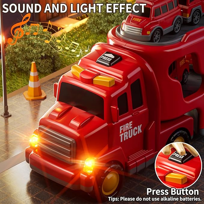 7-in-1 Fire Trucks for 3 4 5 6 Years Old Boys - Transport Car for Toddlers 4-6, Sound and Light Kids Toys for Ages 2-4, Gift for Ages 5-7, 4-8 Year Old Girl Birthday Gifts