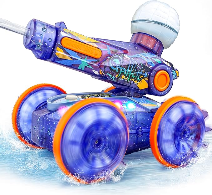 BEZGAR Pool Toys for Kids, Amphibious Remote Control Car Toys for Ages 6-8, RC Stunt Car with Water Gun for Boys and Girls 8-12, Remote Control Boat with Light(Blue)