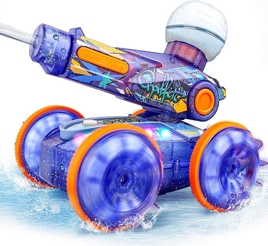 BEZGAR Pool Toys for Kids, Amphibious Remote Control Car Toys for Ages 6-8, RC Stunt Car with Water Gun for Boys and Girls 8-12, Remote Control Boat with Light(Blue)