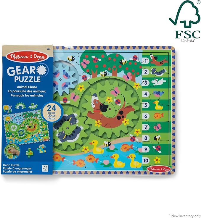 Melissa & Doug Wooden Animal Chase Jigsaw Spinning Gear Puzzle – 24 Pieces Wooden Puzzle for Toddlers and Preschoolers, for Boys and Girls Ages 3+