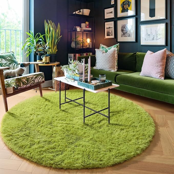 Grass Green Round Rug 4Ft for Bedroom, Fluffy Shag Circle Area Rugs for Kids Room Classroom Nursery, Cool Living Room Decor Aesthetic, Cute Fuzzy Moss Floor Carpet for Preppy Dorm Apartment, Circular
