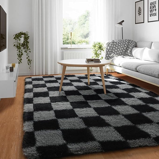 KICMOR Area Rugs for Bedroom, Black and Grey Fluffy Shag Soft 3x5 Checkered Small Living Room Carpet, Indoor Fuzzy Shaggy Plush Rug for Kids Boys Girls Teen Dorm Nursery Bedside Home Decor Aesthetic