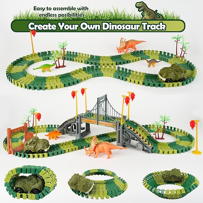 Dinosaur Track Toys for Kids 3-5 4-7 - Best Birthday Gifts for Boys Ages 3 4 5 6 7 Year Old - Flexible Dinosaur Race Car Track Set, Create a Dino World Adventure