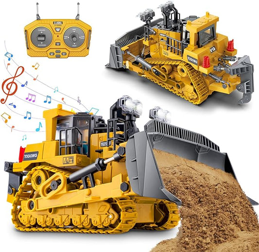 Rc Bulldozer Toys - Remote Control Bulldozer Construction Vehicles Trucks Toys for Boys Kids Age 7 8-12 - Metal Remote Control Electric Tractor Loader Toys with Light and Sound - Birthday Gift