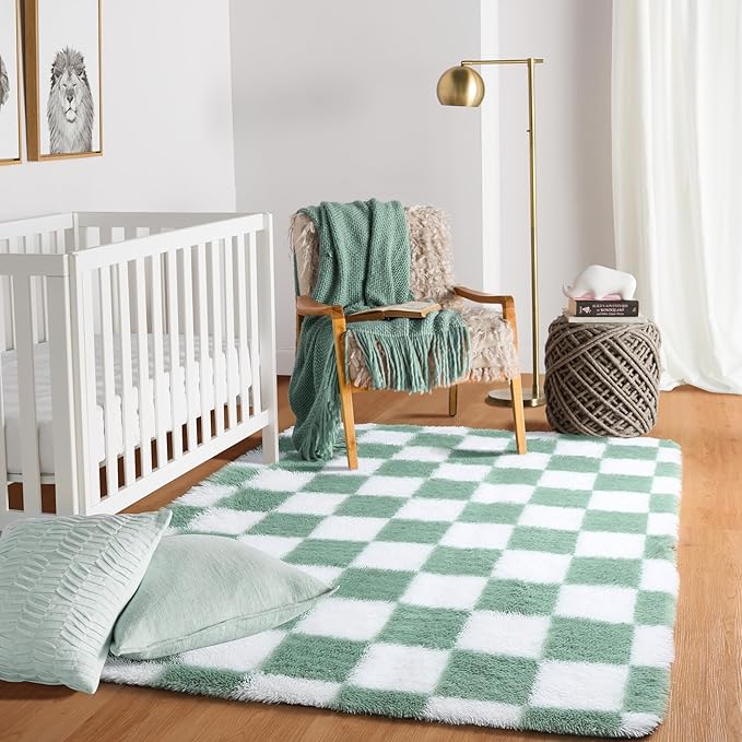 KICMOR Rugs for Bedroom Living Room, 3x5 Fluffy Soft Checkered Shag Area Rug Fuzzy Shaggy Plush Bedside Small Carpet, Sage Green and White Rug for Kids Boys Girls Dorm Nursery Home Decor Aesthetic