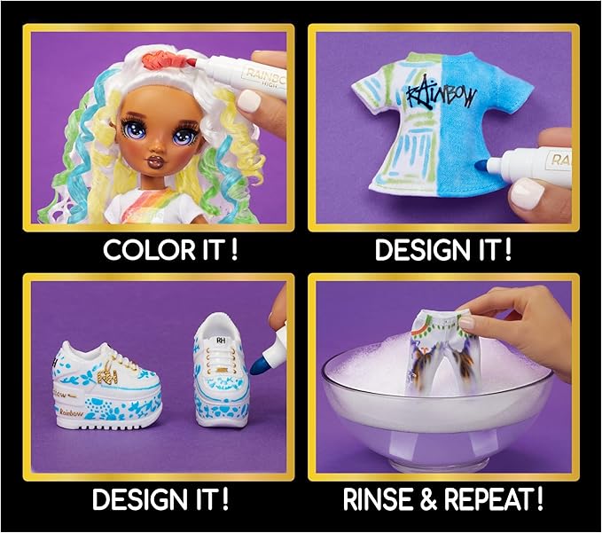 Rainbow High Color & Create Fashion DIY Doll with Washable Rainbow Markers, Purple Eyes, Curly Hair, Bonus Top & Shoes. Color, Create, Play, Rinse and Repeat. Creative 4-12+