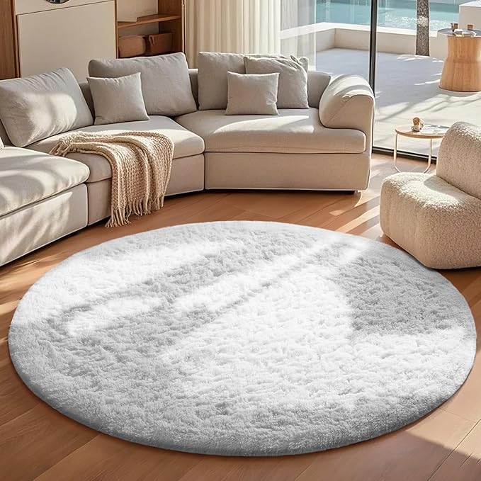 Ophanie Round Rug 7Ft White Circle Area Rug, Aesthetic Room Decor, Fluffy Fuzzy Bedroom Carpet, Plush Soft Shaggy Living Room Rugs for Kids Home Decor, Nursery