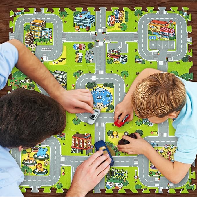 Skyweaver Traffic Play mat Puzzle Foam Interlocking Tiles – Kids Road Traffic Play Rug - Children Educational Playmat Rug - Interlocking Foam Tiles City Road Track Puzzle Mat (18Pcs)