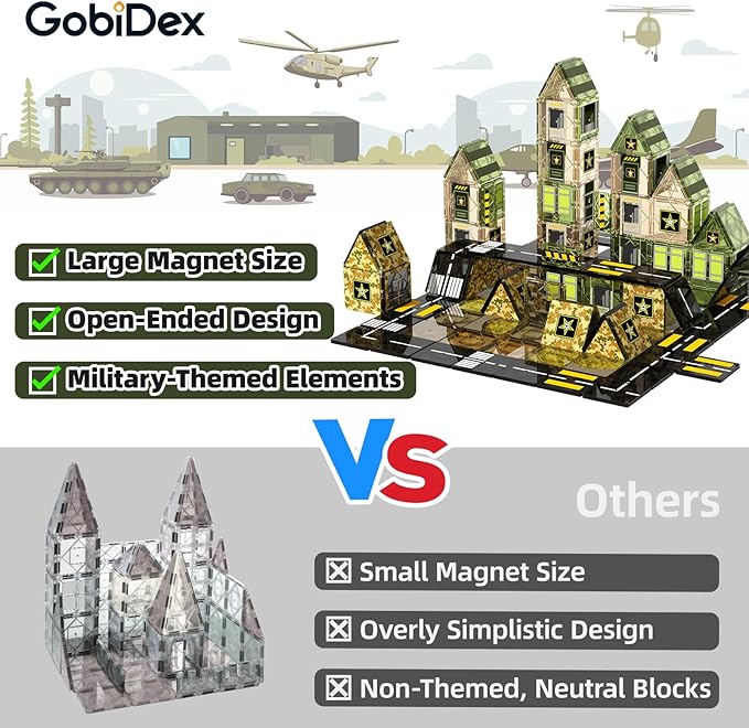 GobiDex 100PCS Army Magnetic Tiles Building Toys for 3+ Years Old Boys, Military Magnetic Blocks STEM Sensory Birthday Gifts for Army Men Playset, Upgraded Stacking Magnets for Kids