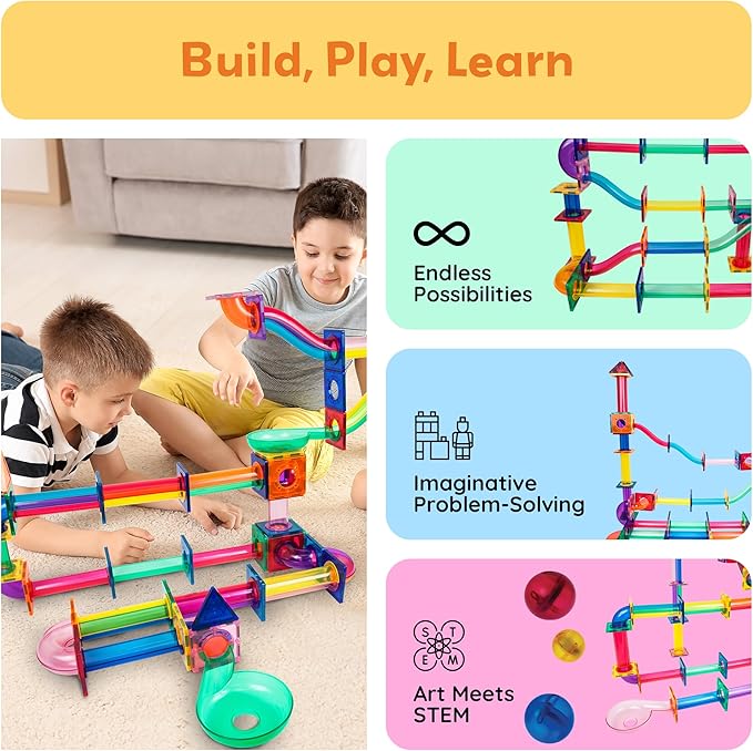 PicassoTiles Marble Run 120 Piece Magnetic Building Blocks Magnet Tile Construction Toy Playset STEM Learning Educational Block Child Brain Development Kids Toys for Boys and Girls Age 3 and Up