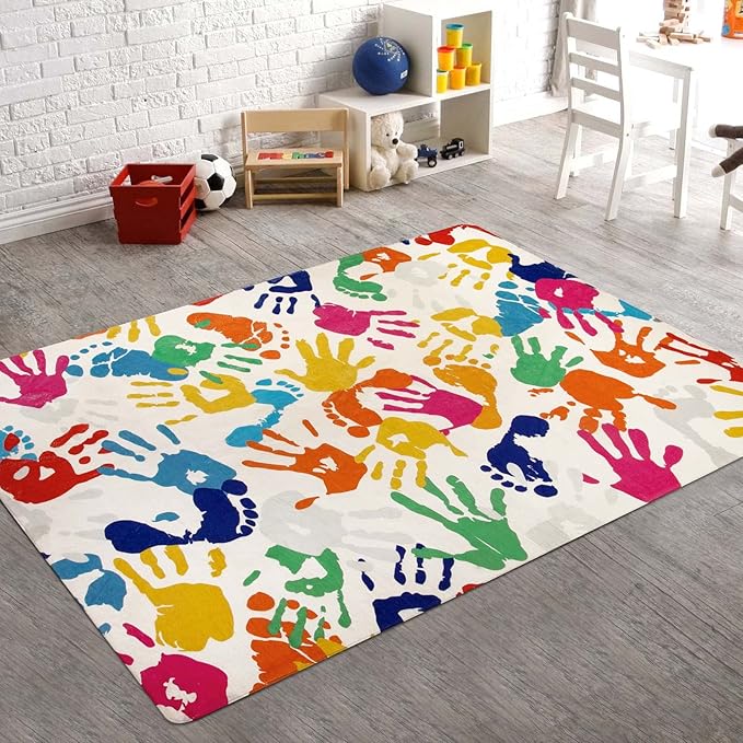 STARUIA Handprints and Footprints Kids Rug Play Carpet, 4'x6' Washable Colorful Area Rug for Nursery Room, Ultra Soft Non-Slip Indoor Play Mat for Bedroom Playroom Classroom