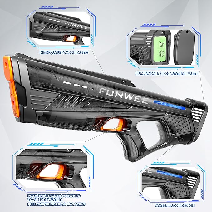 2 Pack Electric Water Gun for Adults Kid, Powerful Automatic Squirt Gun, High Powered Shooting 100+ Times, Long Range Auto Water Blaster, Pool Outdoor Water Toy(Transparent Black+Blue)