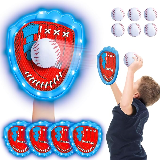Toss and Catch Ball Game Set,Light-Up Kids Baseball Glove Sticky Mitt, Velcro Ball and Catch Games for Kids Ages 3-12, Football & Baseball Camping/Yard/Outdoor Sports Toy,Outdoor Game for Kids