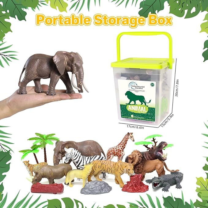 Safari Zoo Animals Figures Toys for Kids 3-5,Realistic Animal Figurines Playset with Fence for Toddlers, 22 PCS African Wild Jungle Plastic Toy Gift Set for Boys and Girls