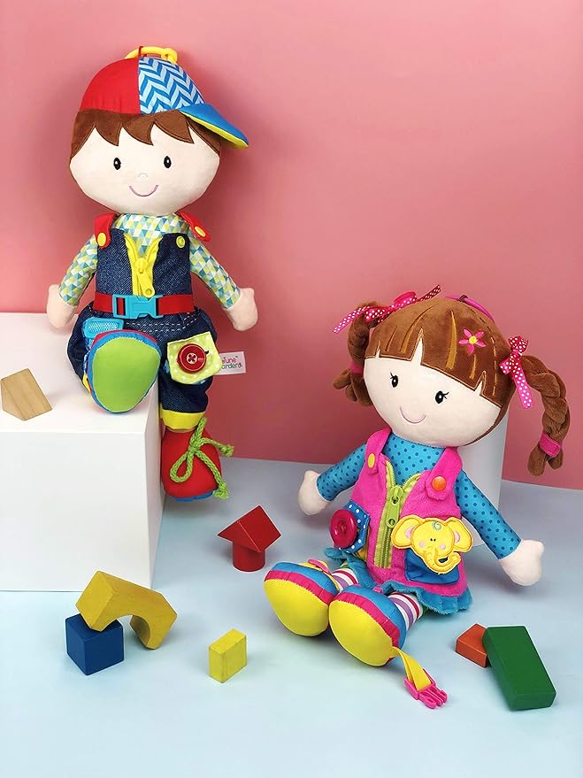 June Garden 15.5" Dressy Friends Lucas - Educational Stuffed Plush Doll for Kids and Toddlers 2 Years and Up - Montessori Buckle Soft Toy