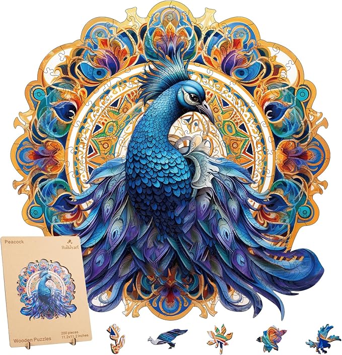 Blue Peacock 200 Pieces Wooden Jigsaw Puzzles for Adults with Unique Irregular Shape Fun Challenging Bird Puzzles for Kids and Couples on Birthday,Children’s Day,Christmas 11.2" x 11.2"