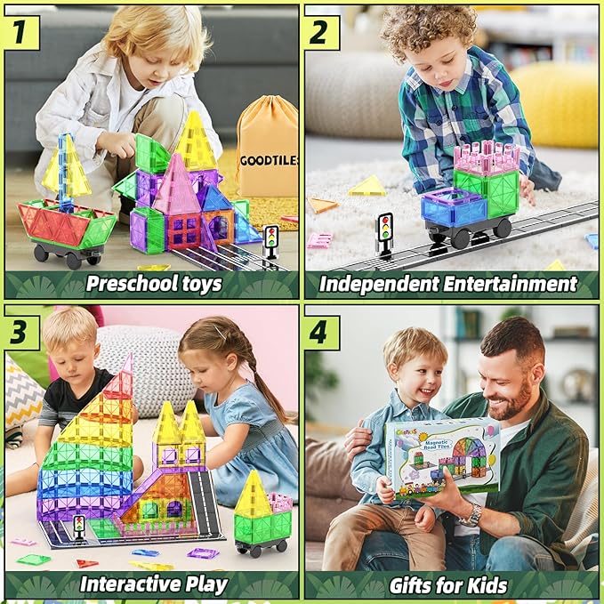 Magnetic Tiles Road Sets with Car Kits -Magnet Building Blocks Montessori Toys for Toddlers | Preschool Educational Sensory Construction Toys for Ages 3 4 5 6 7 Boys and Girls