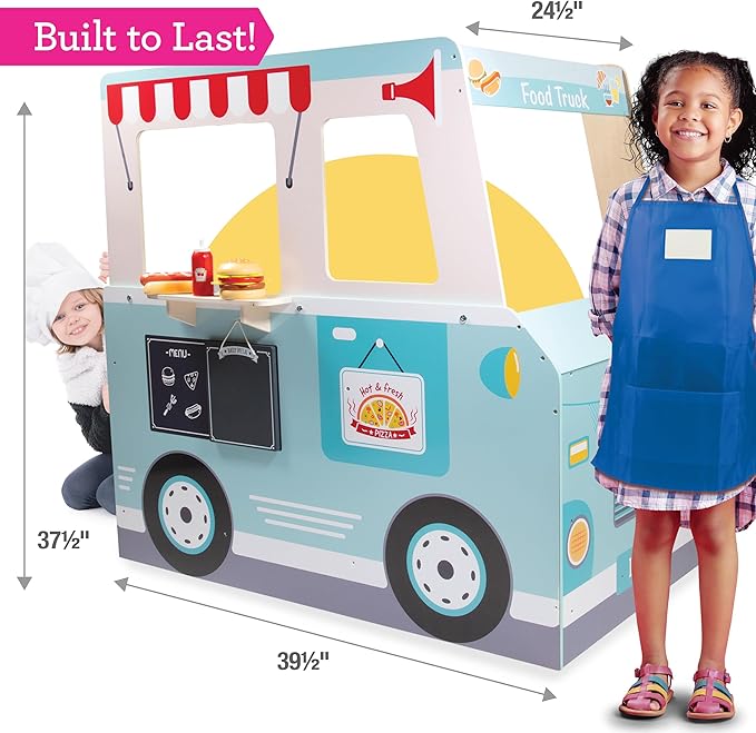 Food Truck Wooden Playset- 20 Fun Toy Pieces Including Cook Top, Steering Wheel, Sticker Sheet for Kids Name - Includes Food Tray, Pizza Slices & More, Dual Sided Play Stand for Indoor Fun Activity