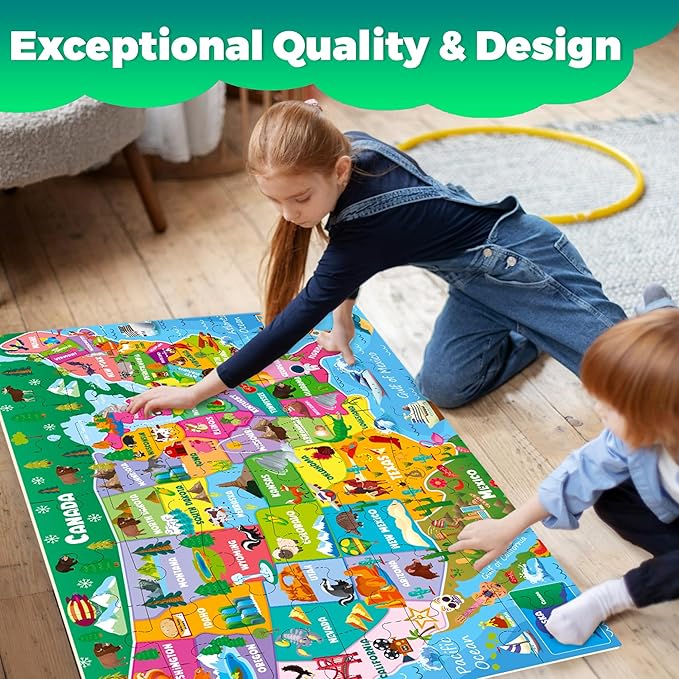 QUOKKA Giant Floor Puzzle for Kids Ages 4-6 – 2x3 Feet Extra-Thick 48 Pieces Toddler Puzzle Ages 3-5 – USA Map Educational Activity for Boys Girls – Premium Box with Sturdy Handle & Magnetic Closure