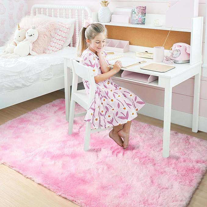 Amdrebio Tie-Dyed Pink and White Rug 5x8 for Girls Bedroom, Soft Area Rugs for Kids Room, Cute Fluffy Fuzzy Princess Rugs for Playroom Dorm, Furry Shaggy Carpet for Baby Nursery, Preppy Room Decor