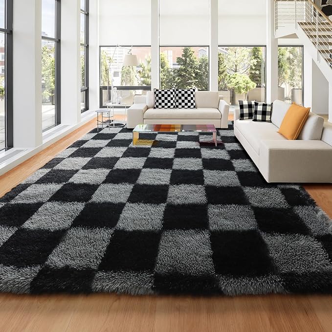 KICMOR Area Rugs 8x10 Living Room Carpet, Large Fluffy Soft Black and Grey Checkered Shag Rug for Bedroom, Big Fuzzy Shaggy Plush Floor Carpets for Kids Boys Girls Room Nursery Home Decor Aesthetic