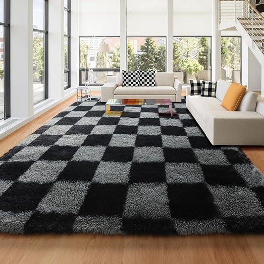 KICMOR Area Rugs 8x10 Living Room Carpet, Large Fluffy Soft Black and Grey Checkered Shag Rug for Bedroom, Big Fuzzy Shaggy Plush Floor Carpets for Kids Boys Girls Room Nursery Home Decor Aesthetic