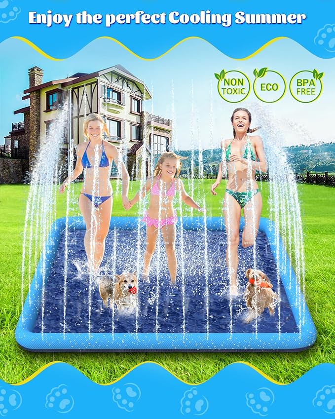Splash Pad, 107"- 80" Non-Slip Splash Pad for Kids and Dogs, Thickened Durable Square Dog Pool with Sprinkler Summer Outdoor Water Toys for Toddler Girls Boys Children Pet (Blue)