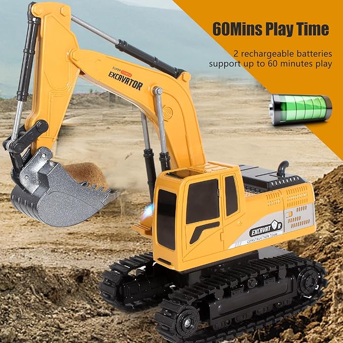Remote Control Excavator Toys for Boys, RC Excavator Toy for Boys 3 4 5 6 7 8 Year Old Kids Christmas Birthday Gift，RC Digger Truck Construction Vehicles with Metal Shovel & Light