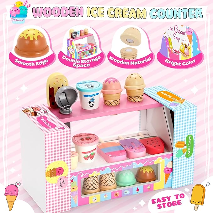 INNOCHEER Ice Cream Toy, Wooden Ice Cream Play Set, Pretend Play Kitchen Toys, Ice Cream Toys for Toddlers, Ice Cream Shop Playset Play Store, Gifts Toys for 3 4 5 6 7 8+ Year Old Girls Boys