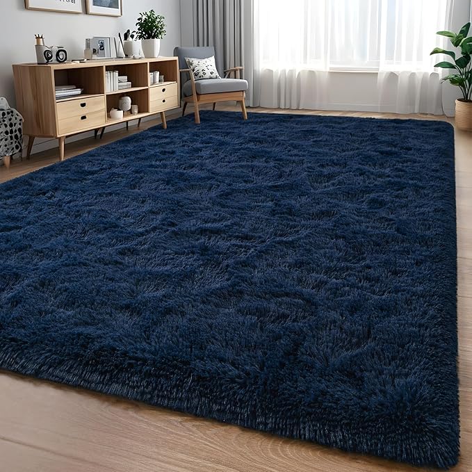Nuttumico Large Fluffy Shag Area Rug for Living Room, 6x9 ft Navy Blue Fuzzy Plush Rugs for Kids Girls Boys Room, Nursery Dorm Room, Office, Luxury Home Decor