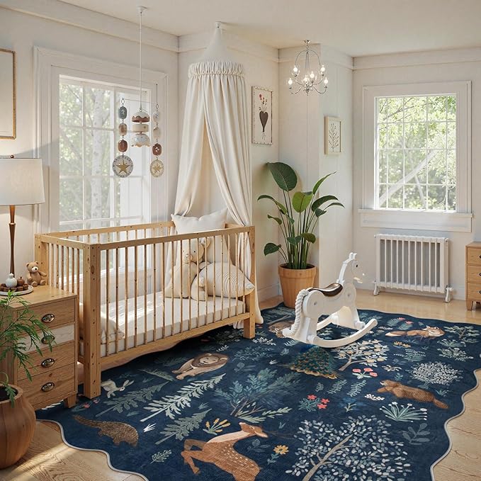 Lahome Jungle 5x7 Blue Area Rug, Soft Kids Rug for Bedroom Ultra-Thin Washable Playroom Rugs, Non Slip Animal Print Carpet Rug for Living Room Neutral Nursery Classroom (Blue, 5'x7')