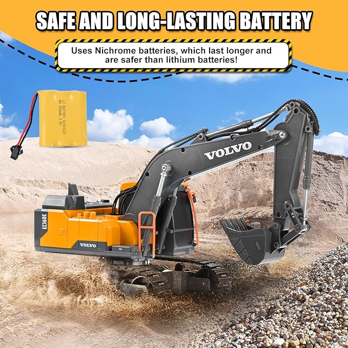 DOUBLE E Volvo RC Excavator Remote Control Excavator Toy for Boys Full Function Construction Vehicles Toys with Shovel for Outdoor Play Sandbox Digger Toys Gifts for Kids