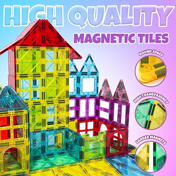 Magnetic Building Tiles for Kids, 100 Pcs Magnetic Building Blocks Set with 2 Cars, Construction Magna Tiles, STEM Sensory Stacking Educational Toys Gifts 3+ Girls and Boys