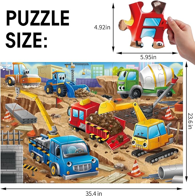 Jumbo Floor Puzzle for Kids,Construction Site Jigsaw Large Puzzles,48 Piece Construction Vehicle Puzzle for Toddler Ages 3-5,Children Learning Preschool Educational Toys,Gift for 4-8 Years Old