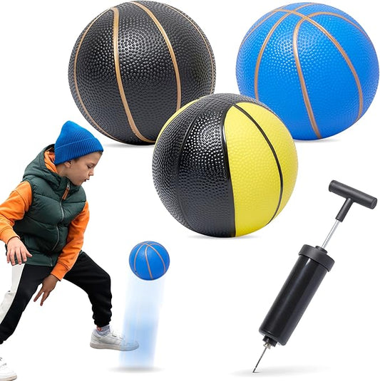 Botabee Mini Basketball - Set of 3 -Toy Basketballs with Manual Pump - Plastic Balls for Toddlers and Kids - Blue with Gold Lines + Black with Gold Lines + Black/Yellow with Gold Lines