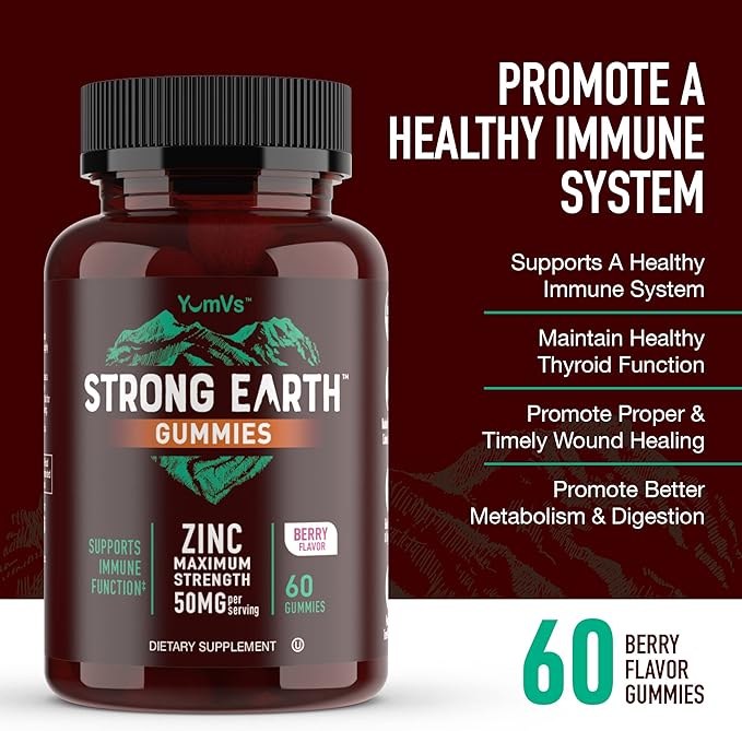 Strong Earth - 50mg Zinc Gummies for Kids and Adults (60 Count) - Immune Support & Antioxidant Supplement - Delicious Natural Flavor Zinc Supplement Gummy - Gluten, Non GMO, Vegan - Chewable Zinc