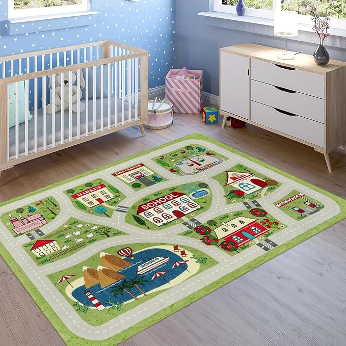 LIVEBOX Green Washable Playroom Rug, 4'x6' Non-Slip Soft Car Rug for Boys Room, Baby Nursery, Kids Floor Mats for Boys Girls Dorm Toy Room Tent