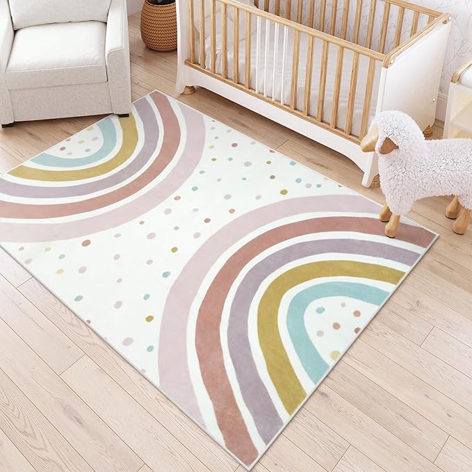 STARUIA Boho Rainbow Rug for Girls Bedroom, Large Area Rug 5x7 Washable Kids Rug for Playroom Tent Castle, Non-Slip Soft Play Mat Carpet Nursery Rug for Kid Room Classroom Dorm