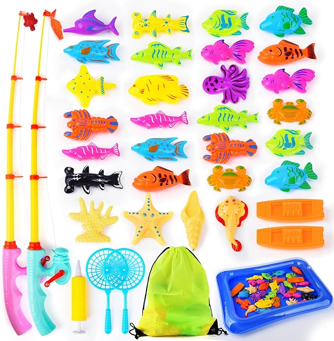 Magnetic Fishing Game 30 PC Ocean Sea Floating Fish Colorful Animals with Net Portable Storage Bag | Water Table Kiddie Pool Bathtub Game for Age 3 4 5 6 Year Kids Toddler(Large Set)