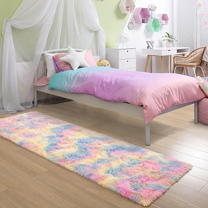 Rainbow Bedroom Runner Rug 2x6 Rainbow Fluffy Rug for Girls Bedroom Soft Carpet Runner, Long Cute Unicorn Shag Rugs for Dorm Classroom Living Room Kids Room Nursery, Colorful Kawaii Home Decor