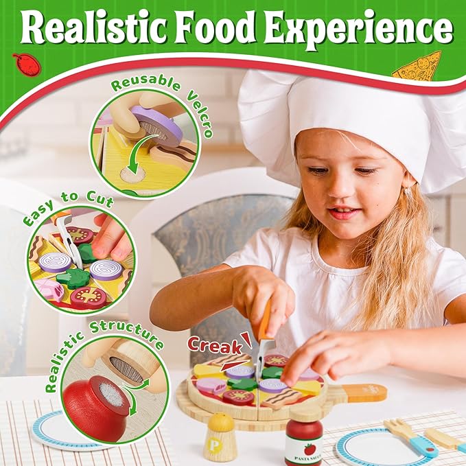 Lehoo Castle Wooden Play Food Sets for Kids Kitchen - Pizza Toy with Pot & Pan, Play Kitchen Accessories, Pretend Cutting Food, Play Dishes & Felt Pasta, Toddler Toys 3-5 Years, Gift for Boys Girls