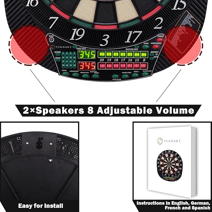 Turnart Electronic Dart Board - Dart Board Electronic Scoreboard for 16 Players - 6 Darts Plastic Tips 50 Soft Tips LED Display Power Adapter Throw Line