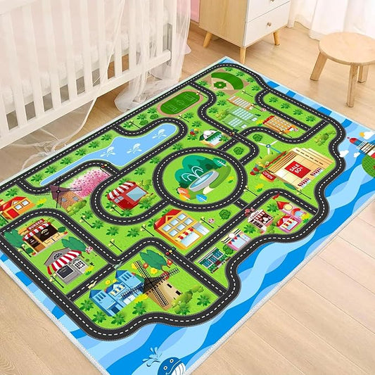 Car Rug,Kids Play Rug with Roads,Playroom Non Slip Car Track City Map for Bedroom Classroom - (78.7X59 Inches)